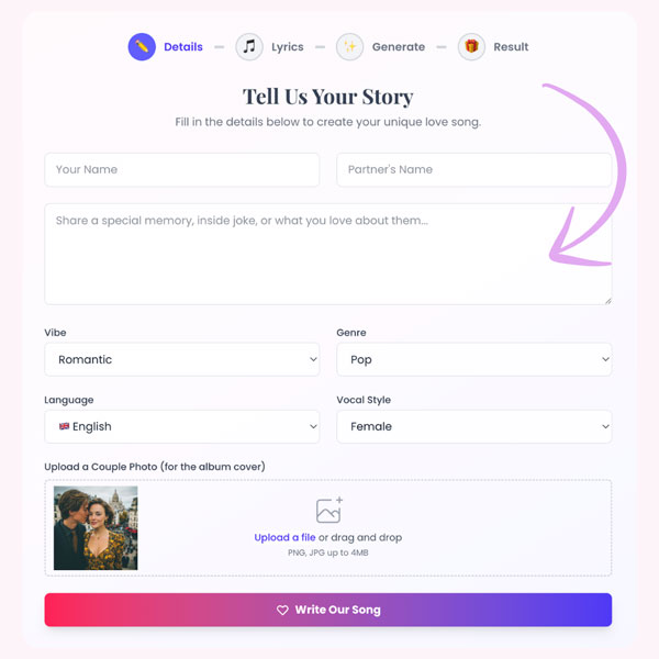 Share your love story to create a personalized AI song